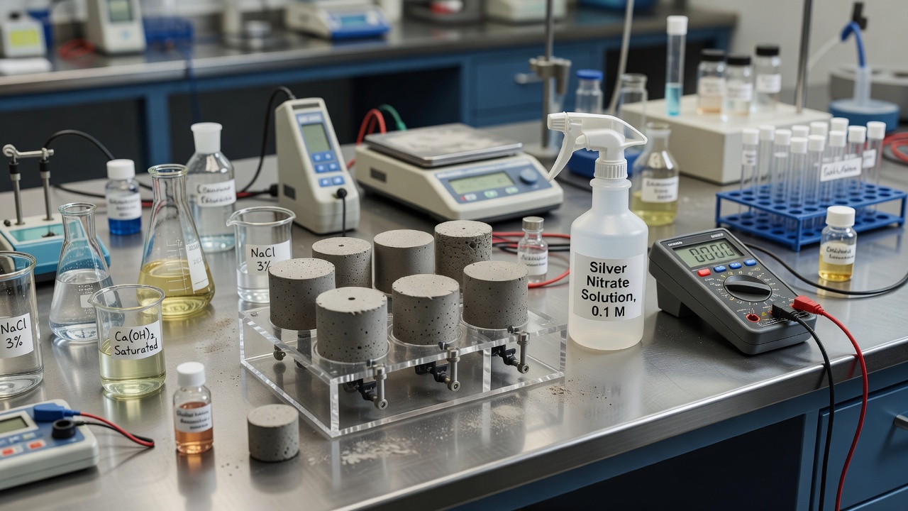 Équipement d'essai en laboratoire pour la perméabilité aux chlorures et l'évaluation de la corrosion, comprenant des échantillons de carottage et des instruments d'analyse chimique
