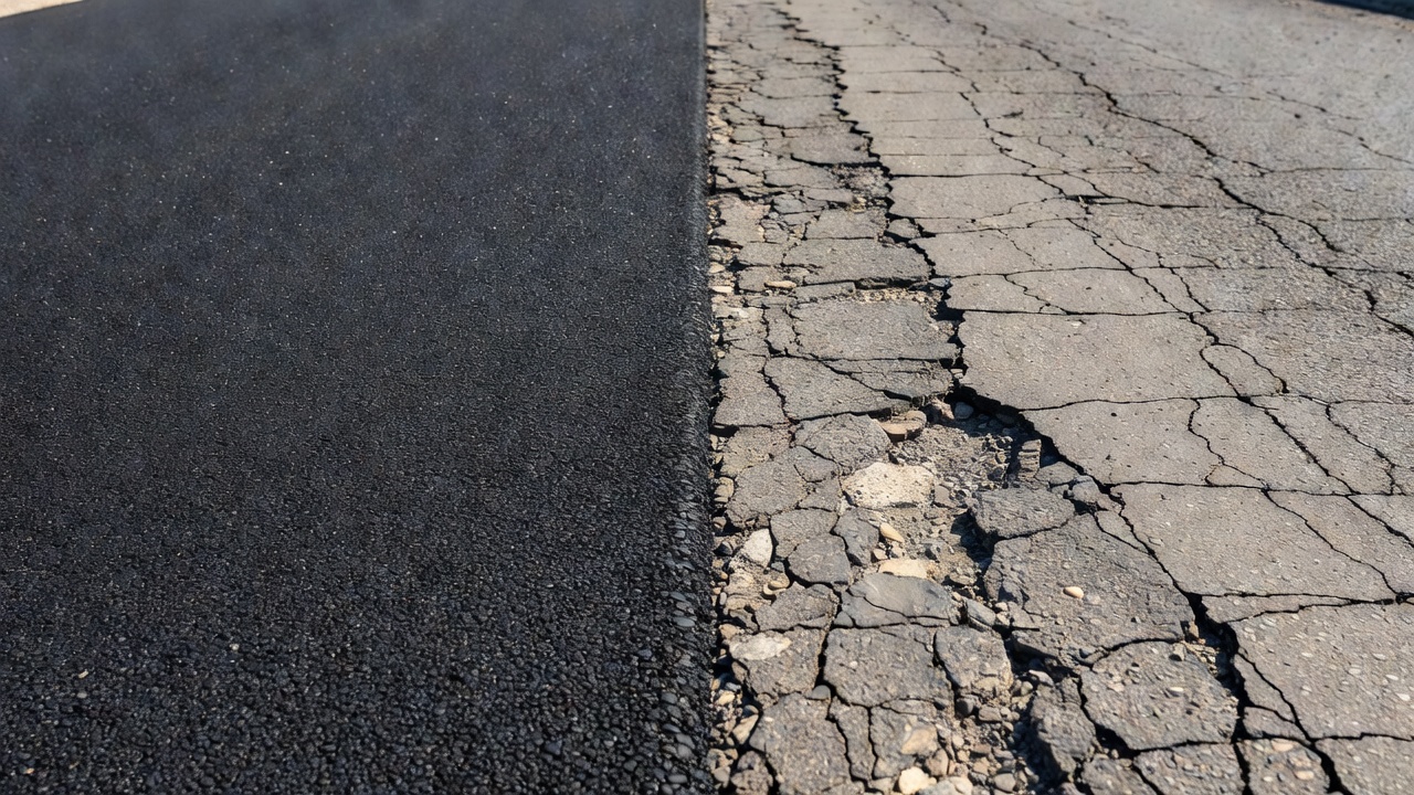 Comparaison d'une surface de chaussée neuve et lisse nouvellement asphaltée et d'une surface de chaussée dégradée, fissurée et rugueuse, illustrant la différence visuelle entre les conditions de chaussée à faible et fort IRI