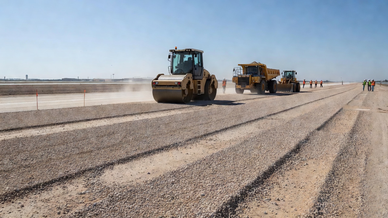 Construction de chaussée de piste aéroportuaire montrant une couche de fondation granulaire compactée par une machinerie lourde à rouleau