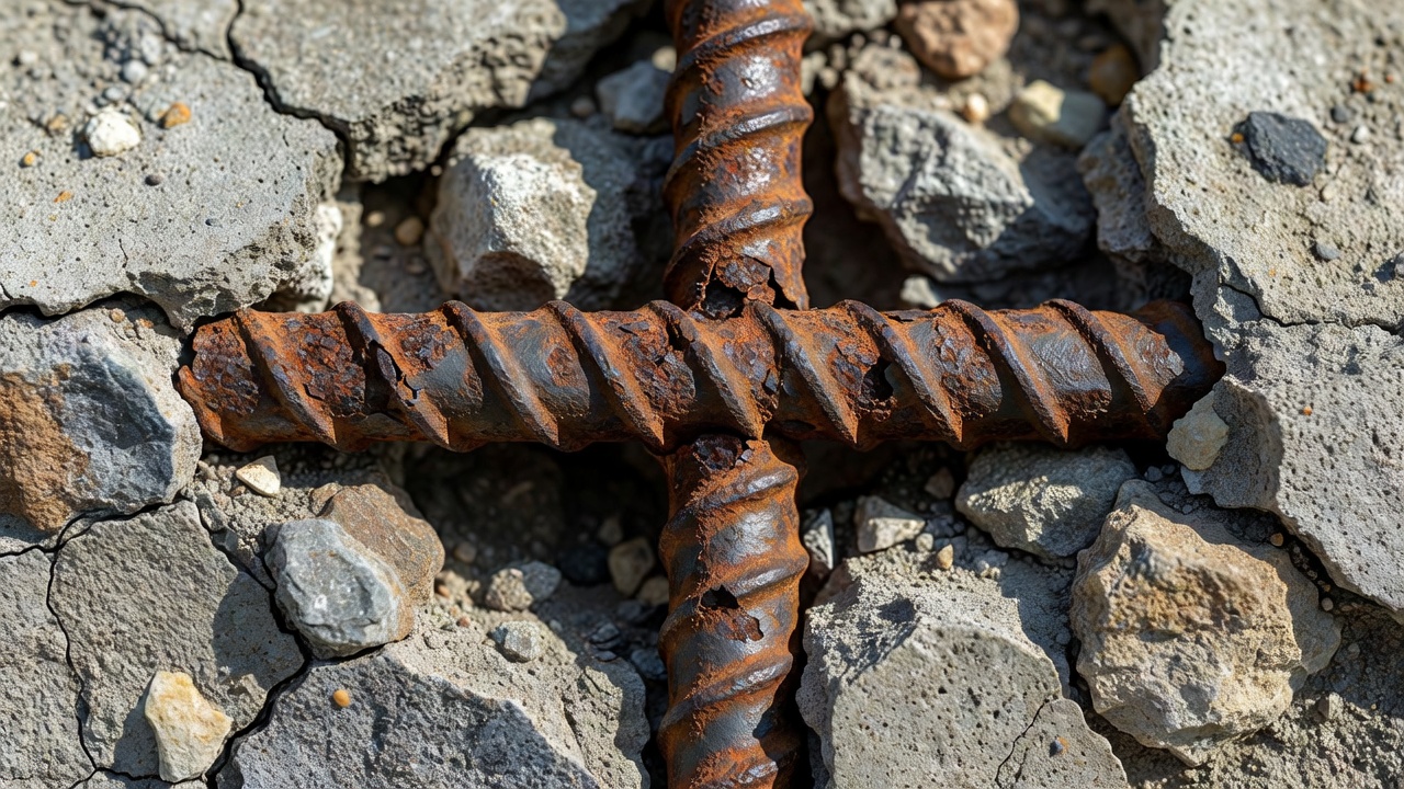 Photographie en gros plan de barres d'armature en acier corrodées à l'intérieur d'un béton éclaté avec des couches de rouille brun-orange et une perte de section visible