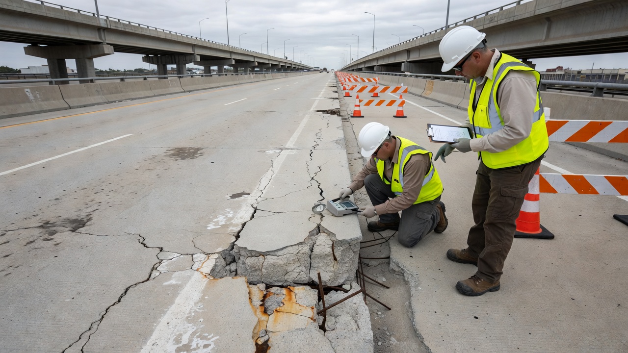 Pont routier en béton montrant des signes de détérioration due à la corrosion induite par carbonatation près du bord du tablier