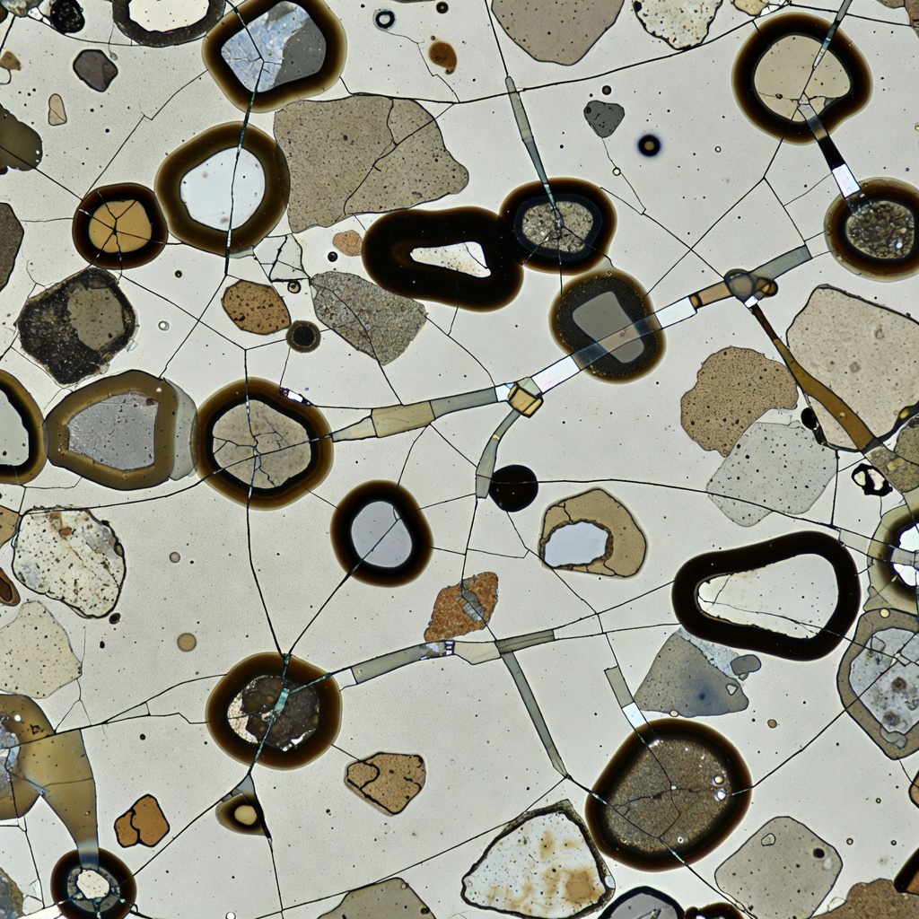 Coupe pétrographique de béton montrant des auréoles de réaction RAS autour des particules de granulat et des microfissures remplies de gel