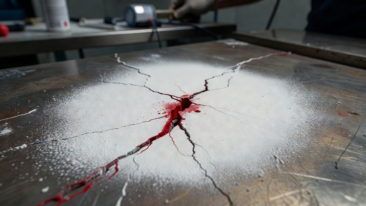 Photographie en gros plan d'une surface métallique inspectée par ressuage au colorant rouge montrant une indication de pénétrant rouge suintant d'une fissure sur fond de révélateur blanc dans un cadre d'inspection CND industrielle