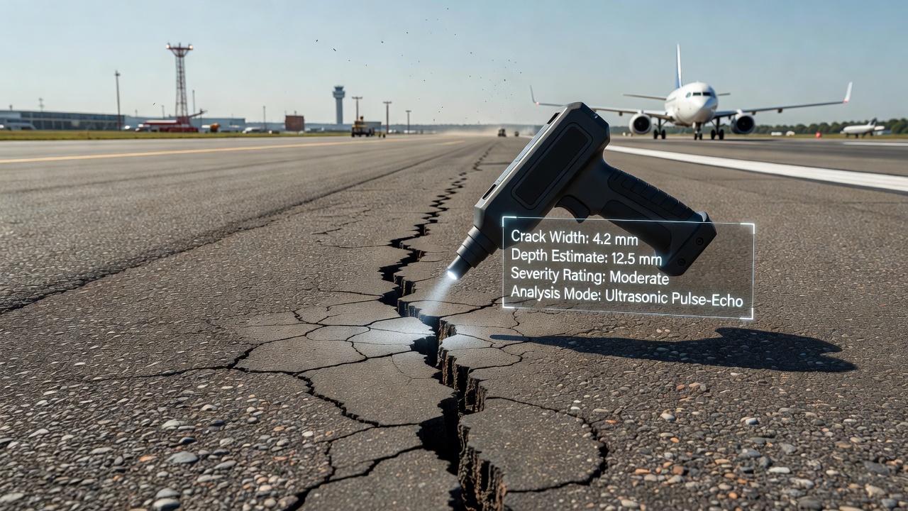 Ingénieur d'inspection des chaussées examinant une fissure sur une surface de piste d'aéroport pendant la journée avec un environnement aéronautique visible