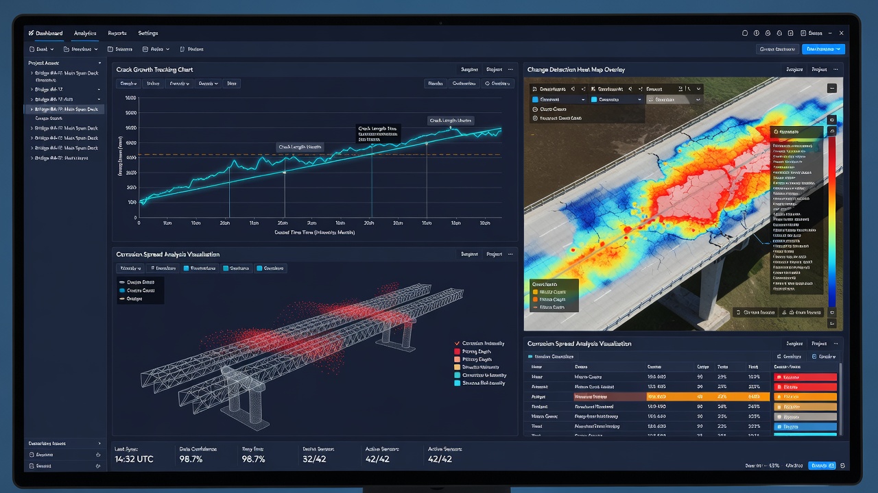 Monitorovací dashboard detekce změn infrastruktury zobrazující graf sledování růstu trhlin a data trendu stavu