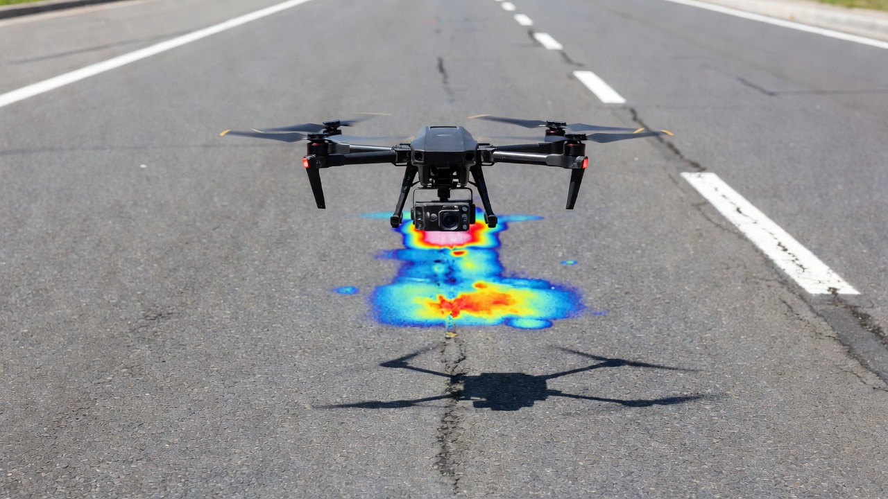 Drohne mit Wärmebildkamera fliegt niedrig über Asphaltfahrbahn zur Infrarot-Thermographie-Prüfung von oberflächennahen Fehlern