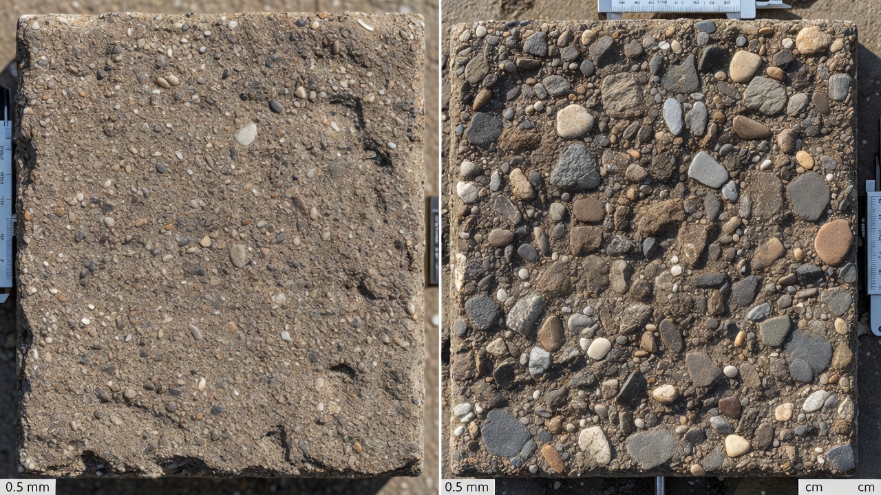 Comparaison en gros plan de la microtexture (rugosité fine des granulats à l'échelle submillimétrique) et de la macrotexture (agencement des granulats plus grands à l'échelle centimétrique) d'une chaussée, toutes deux essentielles pour la résistance au dérapage des pistes