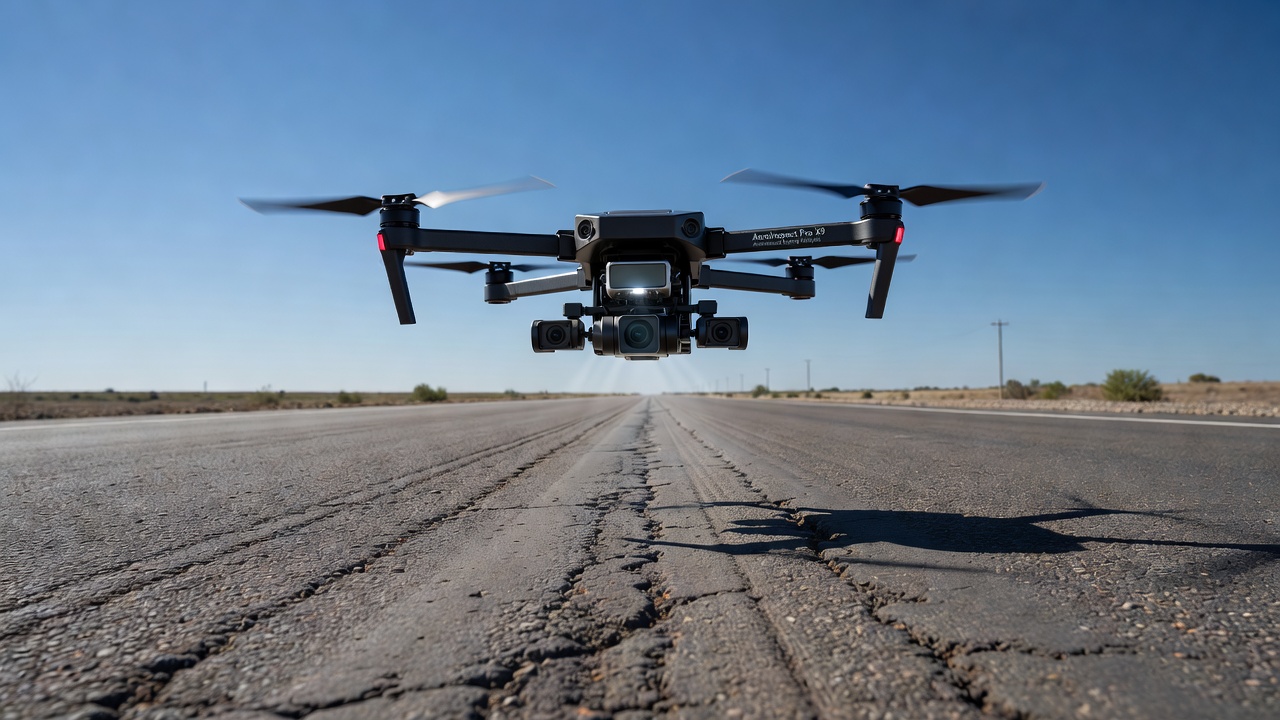 Drone quadricoptère volant à basse altitude au-dessus d'une chaussée bitumineuse effectuant une inspection visuelle automatisée et un relevé d'orniérage