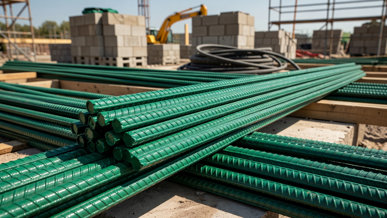 Gros plan de barres d'armature revêtues d'époxy vertes montrant le revêtement coloré distinctif qui protège l'armature en acier contre la corrosion