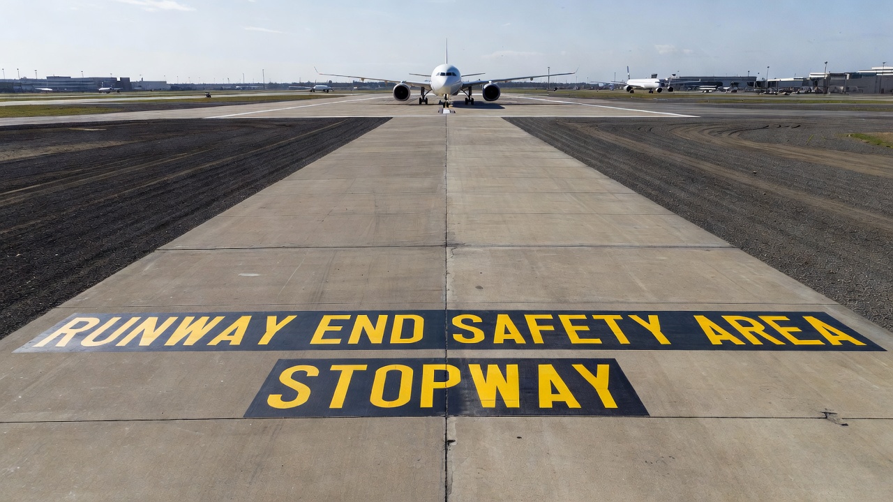 Airport runway end safety area with stopway and RESA infrastructure visible