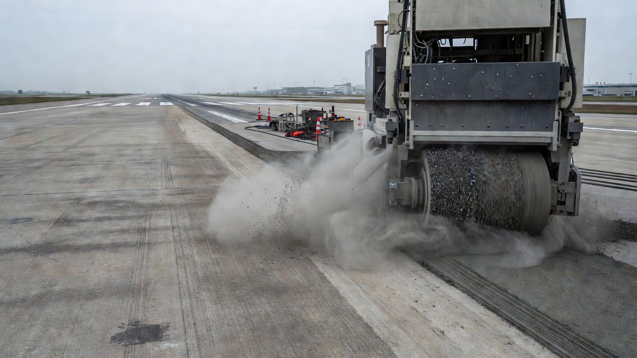 Machine de meulage au diamant opérant sur une piste d'aéroport, équipement industriel avec tambour rotatif à lames diamantées enlevant une fine couche de surface de béton poli pour restaurer le frottement