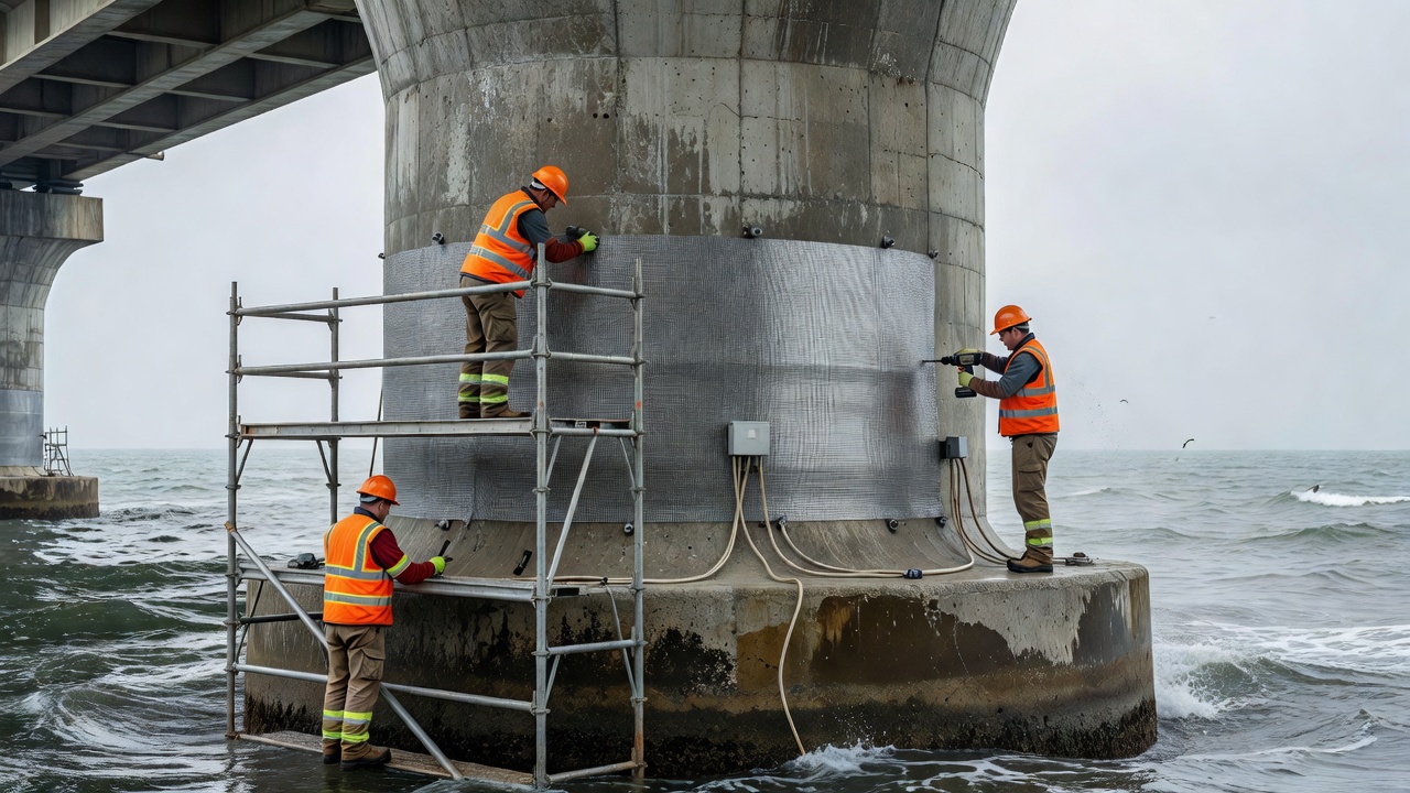 Anodes galvaniques en zinc massif installées sur des pieux de pont en béton en milieu marin pour la protection cathodique