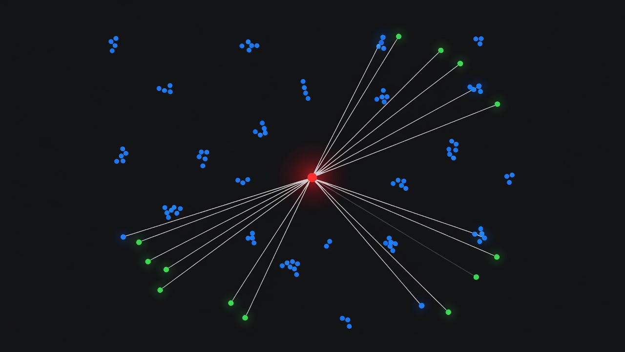 Vector similarity search concept showing query point and nearest neighbors in high-dimensional embedding space