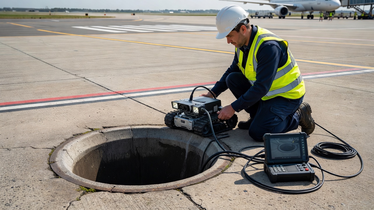 Équipement d'inspection de drain par caméra CCTV déployé dans un tuyau d'exutoire de drain de rive près d'une chaussée aéroportuaire