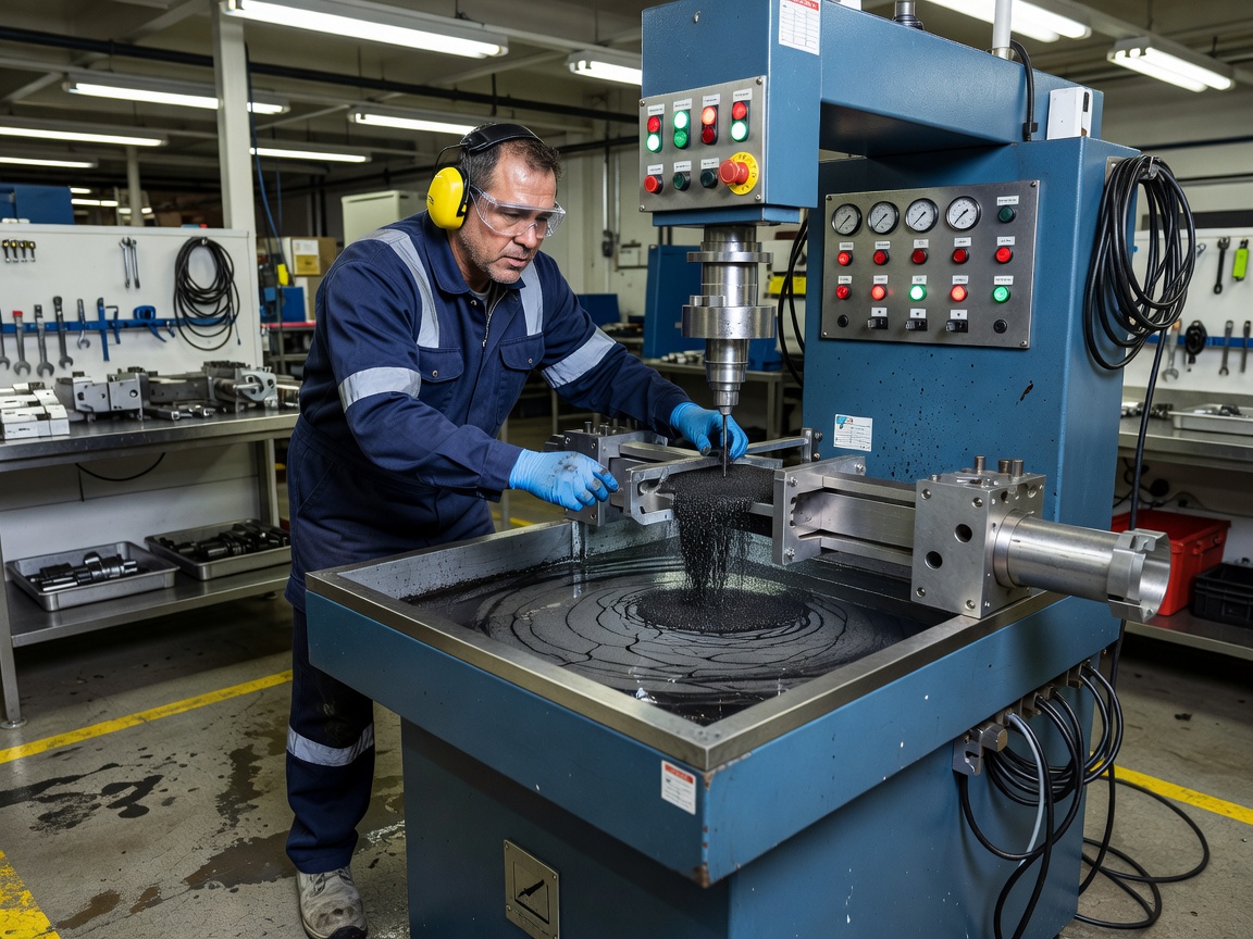 Technicien CND utilisant un poste fixe horizontal de magnétoscopie par voie humide pour l'inspection de production de pièces en acier