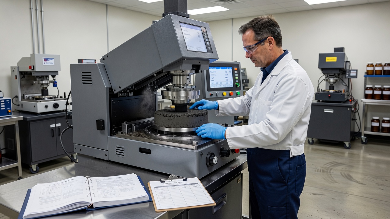 Superpave gyrátorový zhutňovač používaný v laboratoři pro zhutňování asfaltových vzorků pro stanovení VMA a objemovou analýzu