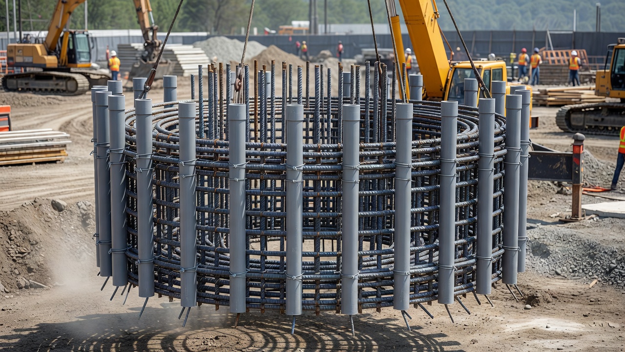 Cage d'armature pour pieu foré avec tubes d'accès en PVC fixés avant la coulée du béton