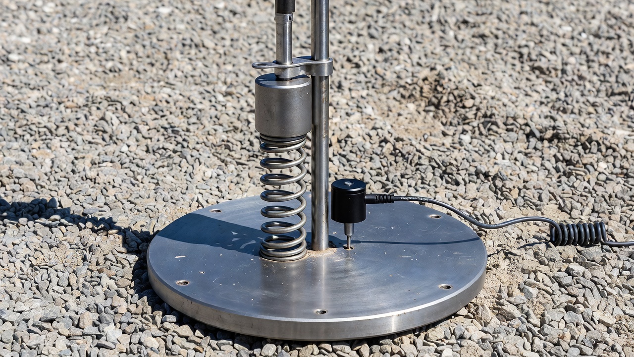 Plan technique en gros plan d'un Déflectomètre Léger (LWD) montrant la plaque de chargement circulaire en acier, la tige de guidage, le mécanisme de poids de chute et les amortisseurs à ressorts