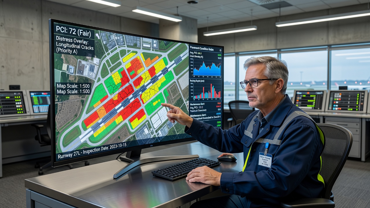 Engineer reviewing pavement condition index map on digital dashboard with color-coded distress overlay of airport runway inspection data