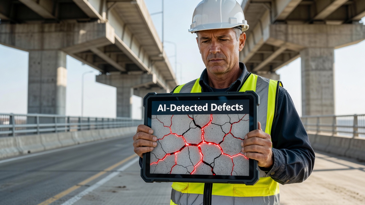 Inspecteur examinant des défauts détectés par IA sur une tablette lors de l'inspection d'un pont