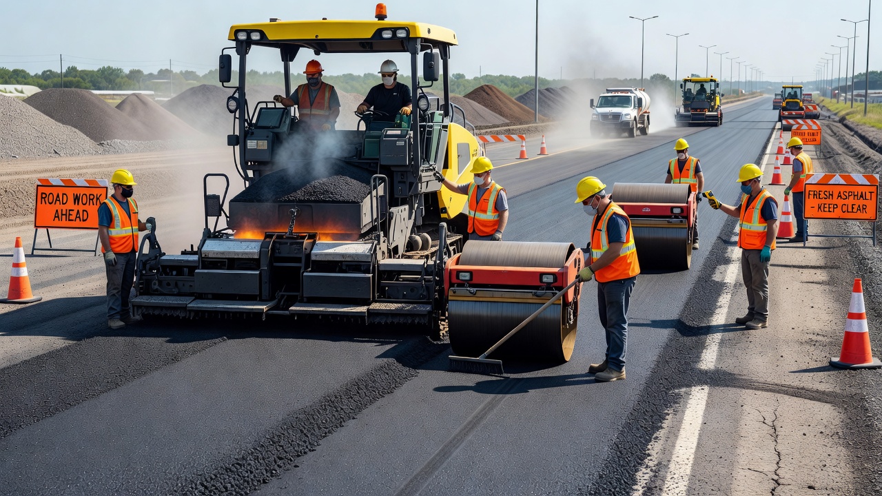 Scène de construction d'une route asphaltée avec un finisseur posant de l'enrobé bitumineux à chaud et des rouleaux compresseurs compactant la nouvelle surface de chaussée