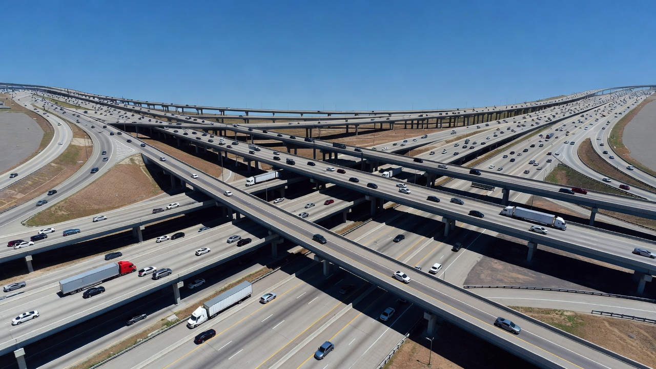 Vue aérienne d'un échangeur autoroutier majeur américain montrant une infrastructure complexe de ponts et de chaussées avec plusieurs voies de circulation