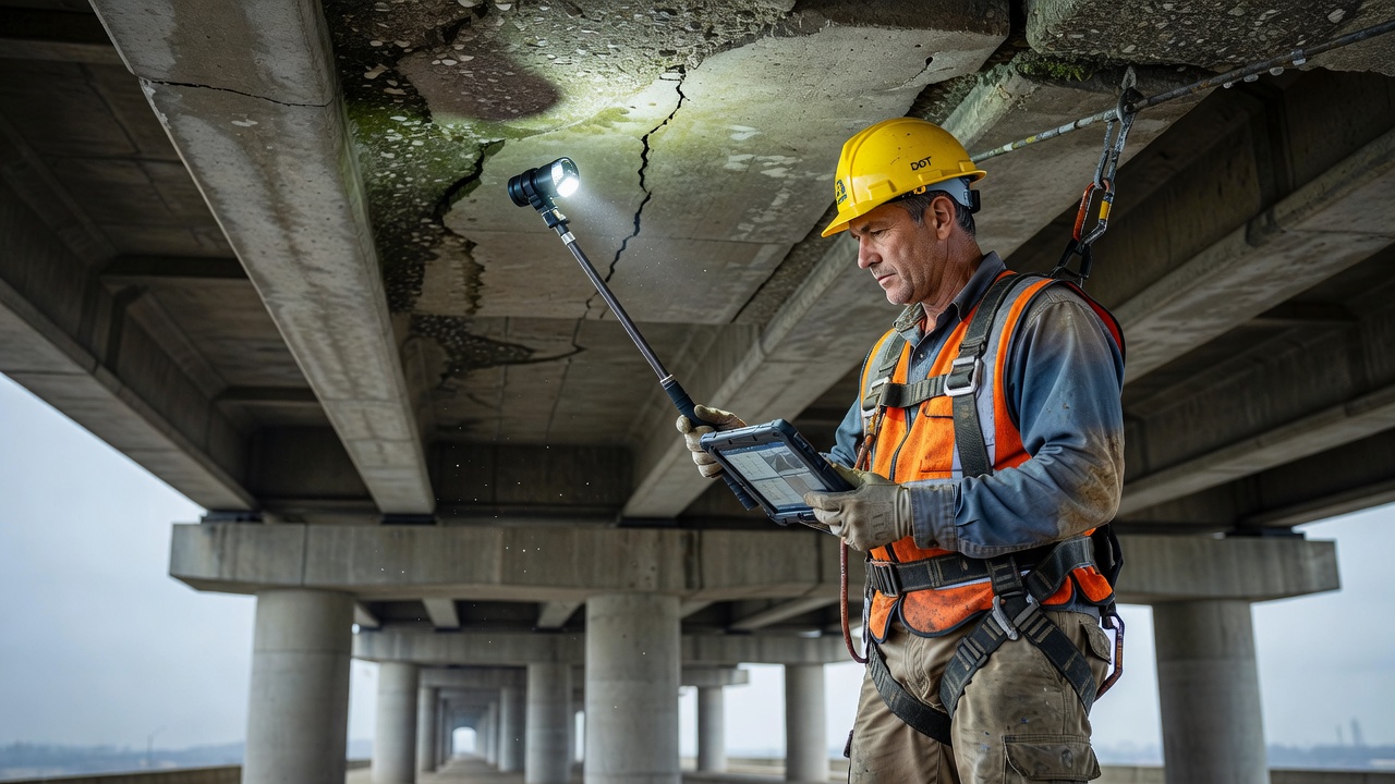 Inspecteur de pont portant un harnais de sécurité et un casque de protection examinant la face inférieure d'un pont routier en béton avec du matériel d'inspection