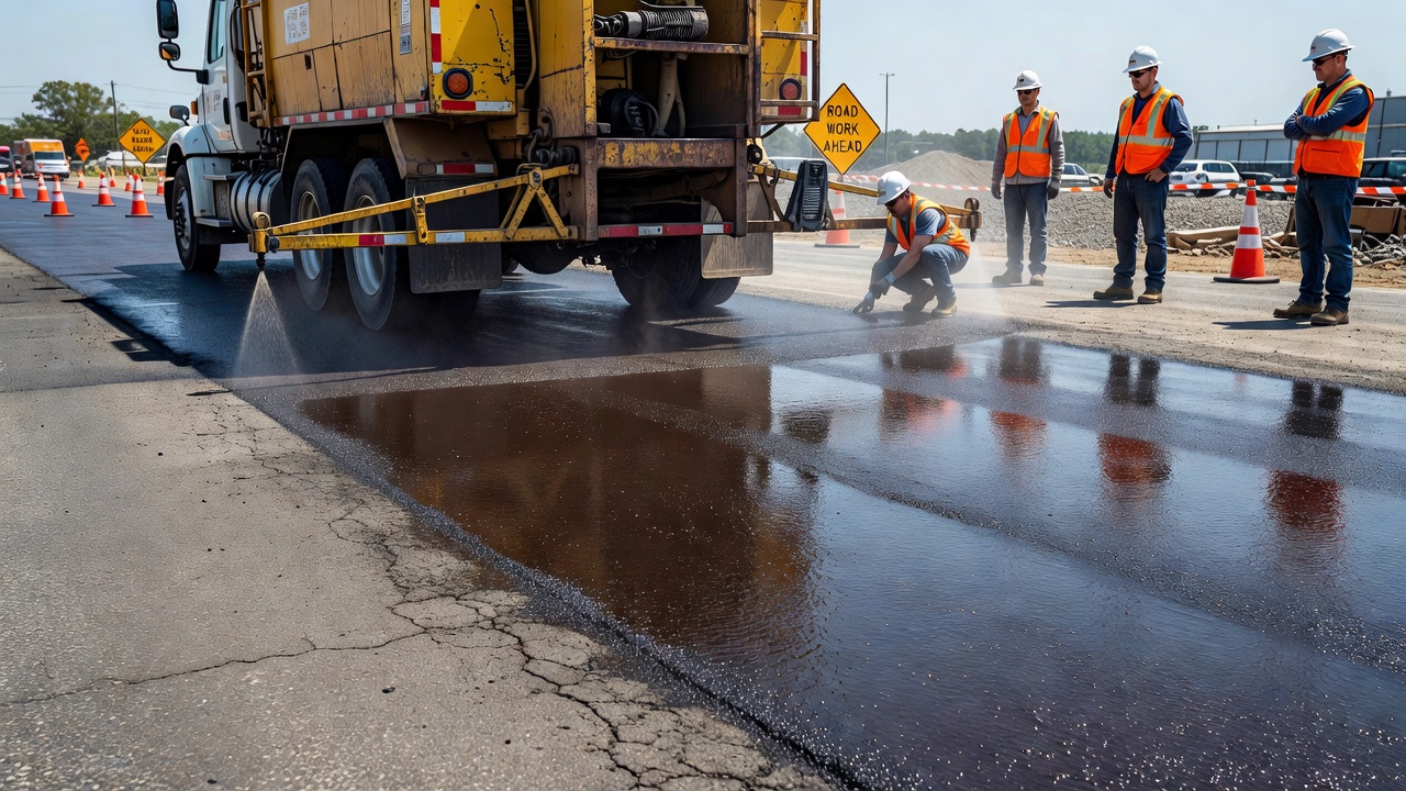 Application d'enduit d'accrochage sur une surface de route montrant un camion épandeur pulvérisant une fine couche d'émulsion d'asphalte sur une chaussée existante avant revêtement