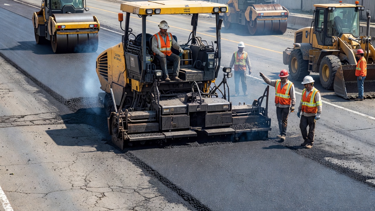 Construction d'un revêtement d'asphalte montrant une grande machine finisseuse posant une nouvelle couche d'enrobé bitumineux sur une surface de chaussée existante