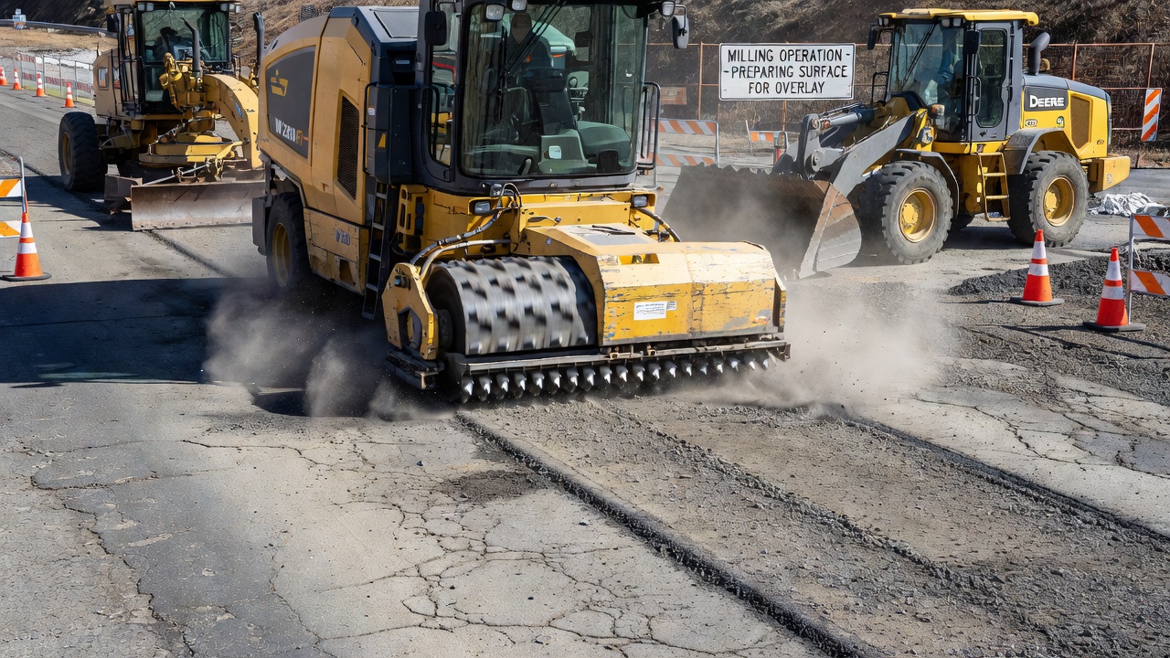 Machine de fraisage à froid rectifiant l'ancienne surface de chaussée d'asphalte avec tambour de coupe visible dans une lourde opération de construction préparant le revêtement