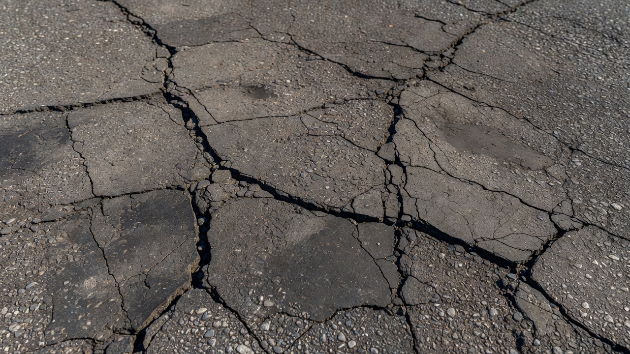 Fissuration réfléchie sur une surface de revêtement d'asphalte montrant des fissures se propageant à travers le nouveau revêtement depuis la chaussée sous-jacente