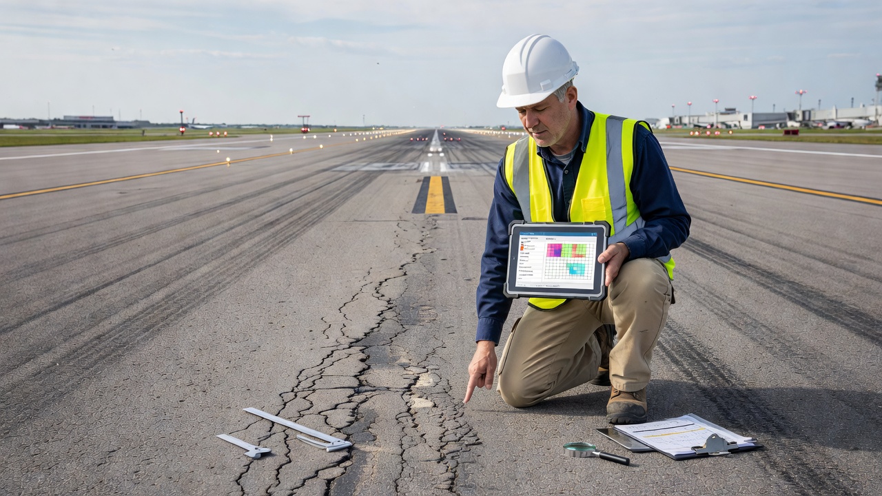 Ingénieur des chaussées effectuant un relevé PCI selon l'ASTM D5340 sur une piste aéroportuaire, inspectant la fissuration de surface et mesurant la sévérité des dégradations avec des outils