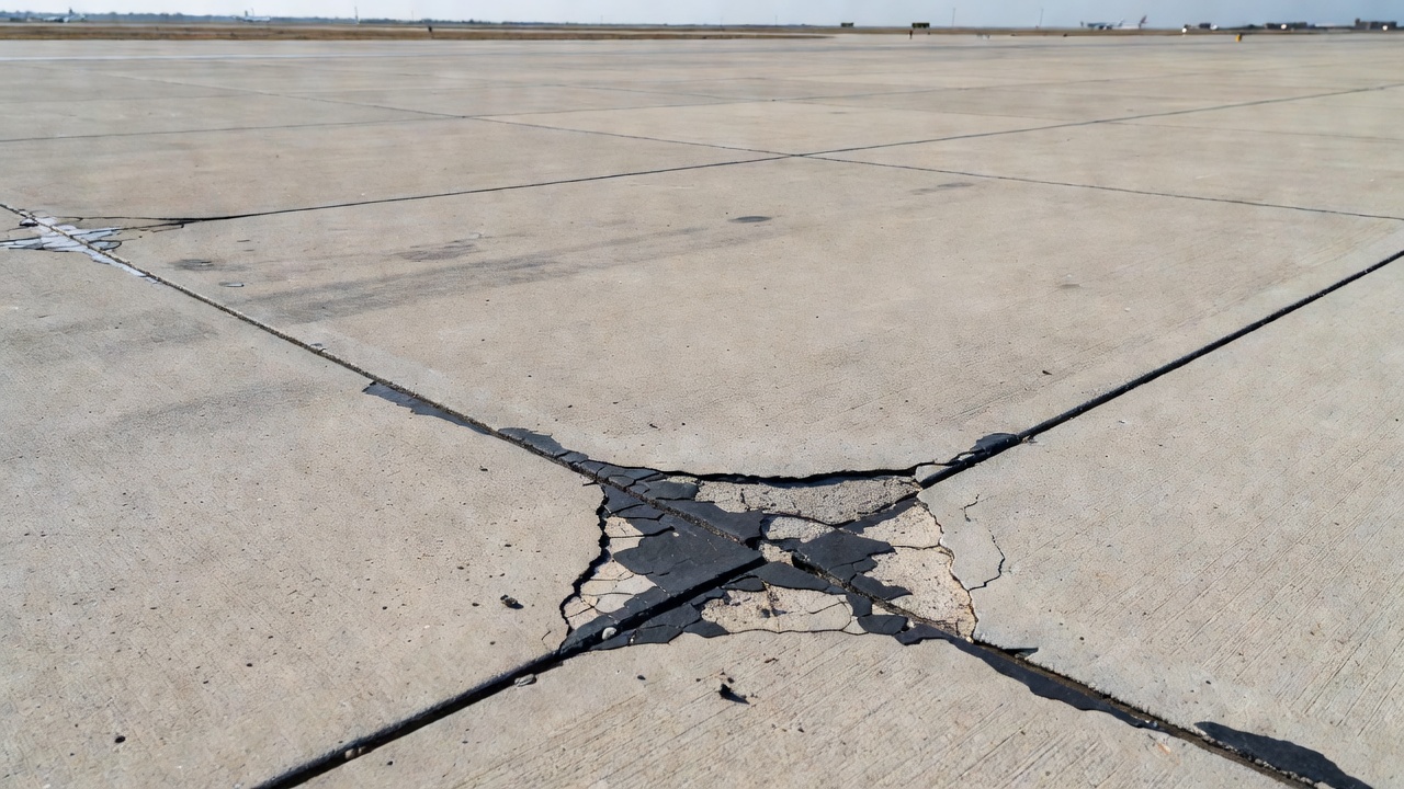 Chaussée aéroportuaire en béton montrant un éclatement de joint, des ruptures d'angle et des dommages au scellement sur une dalle d'aérodrome en béton de ciment Portland