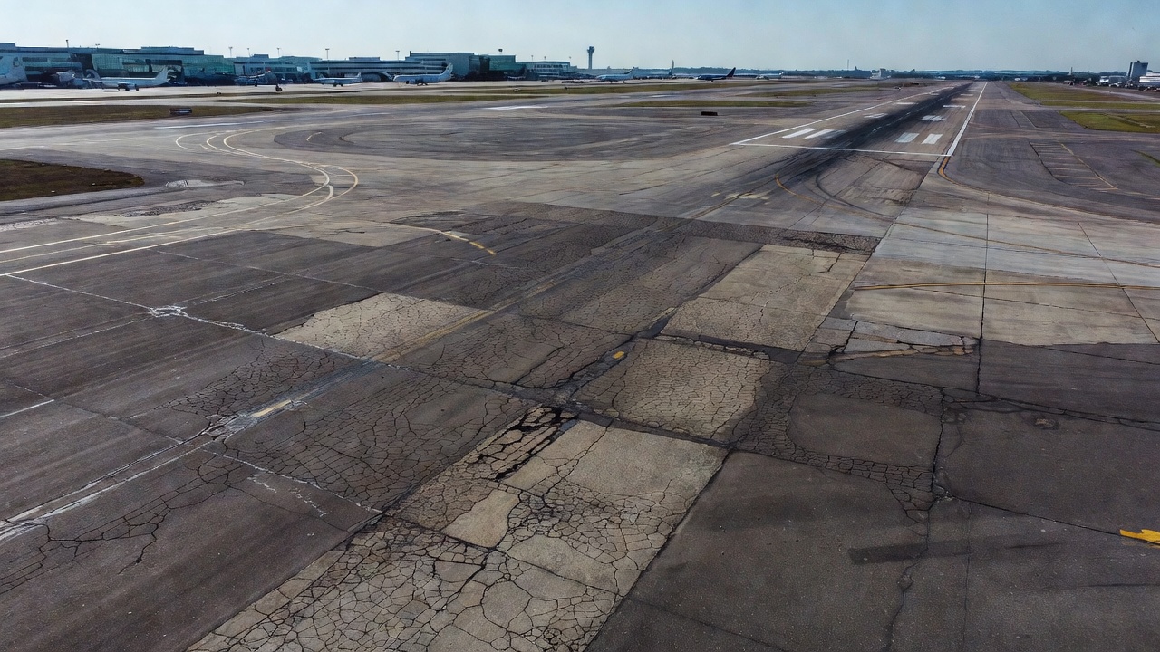 Photographie aérienne par drone d'un réseau de pistes et voies de circulation d'un aéroport commercial avec des détails de surface de chaussée visibles