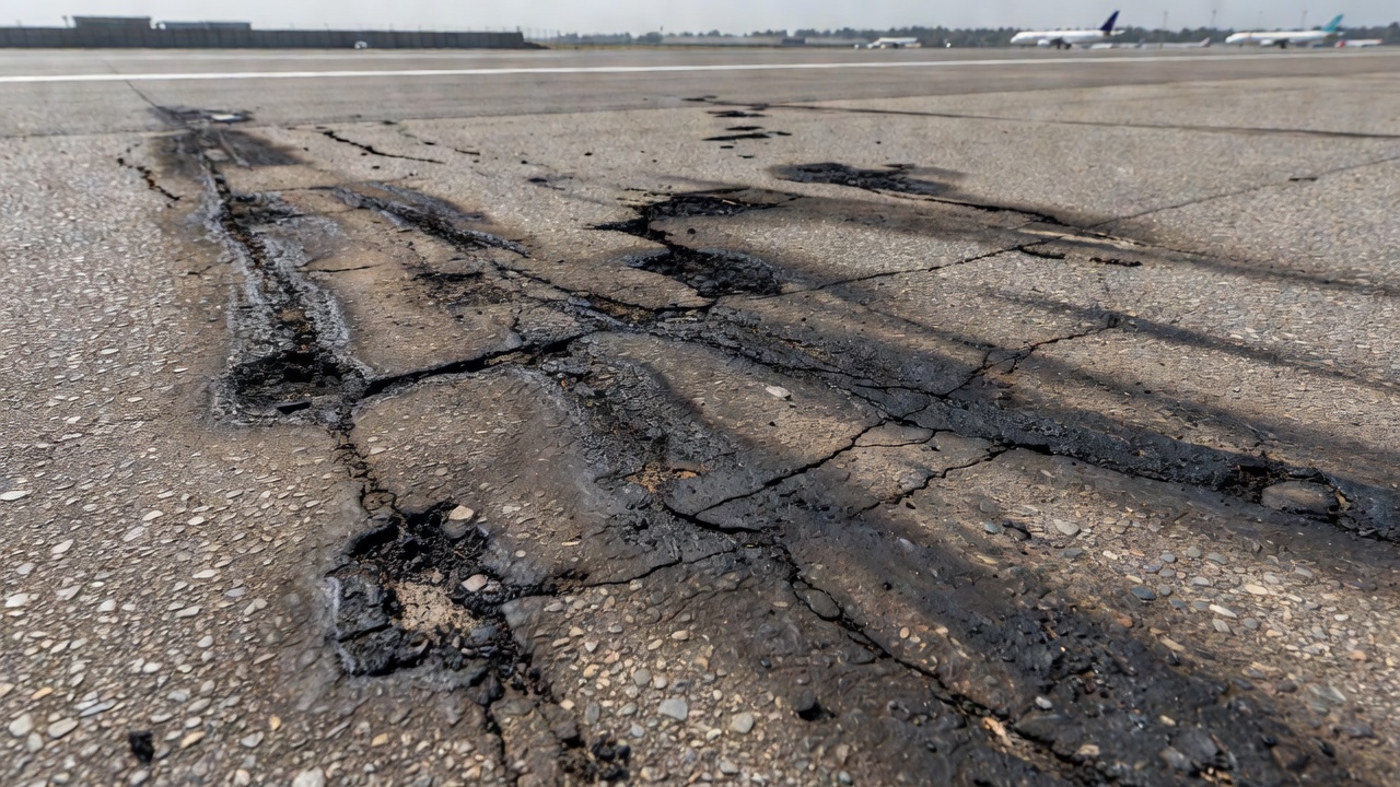 Gros plan de dommages d'érosion par jet sur une chaussée aéroportuaire en enrobé montrant des marques de brûlure sombres et du liant carbonisé par les gaz d'échappement des avions