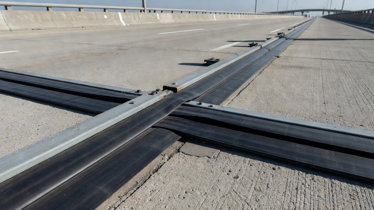 Joint de dilatation à bande d'étanchéité sur un tablier de pont en béton montrant les rails d'arête en acier et le gland en néoprène
