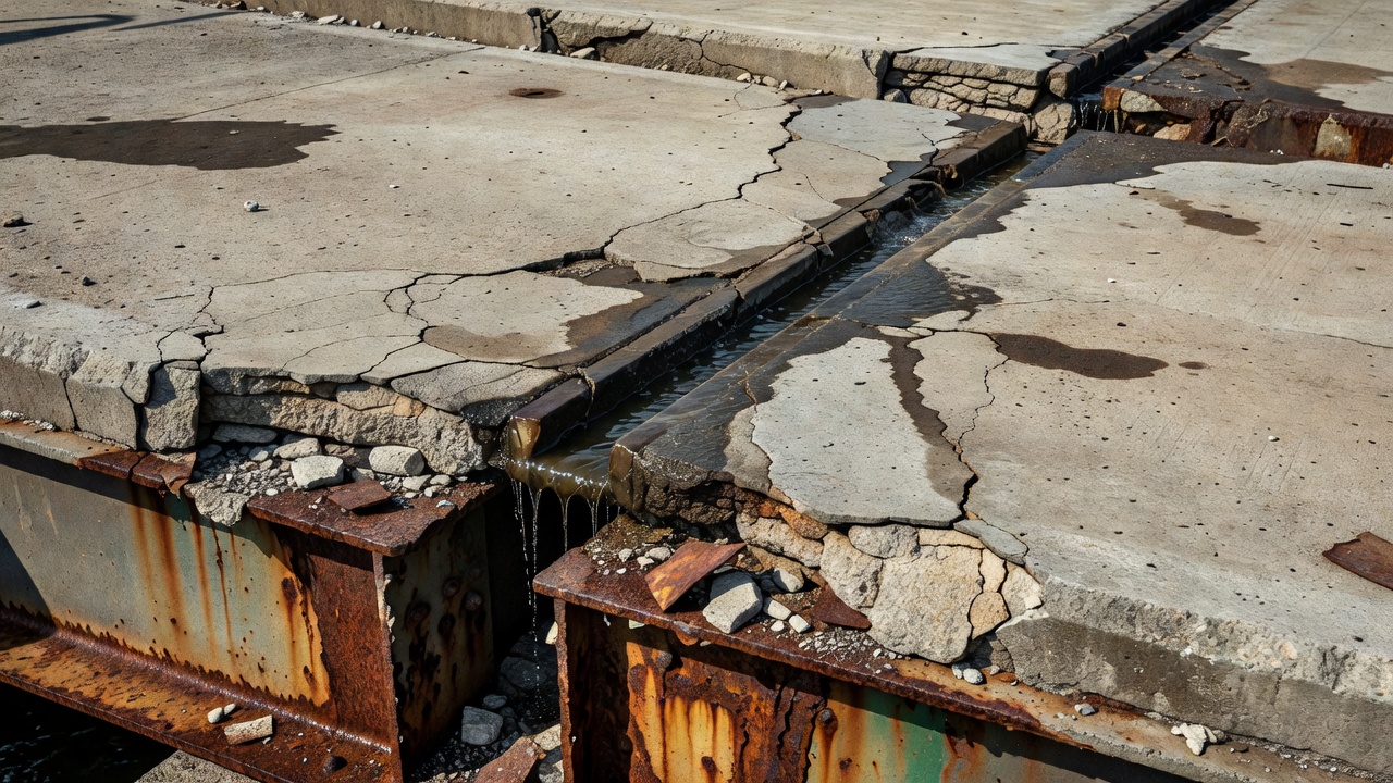 Joint de dilatation de pont détérioré avec fuite, taches de corrosion et éclatement du béton