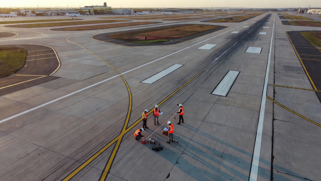 Drone aerial view of airport runway and taxiway intersection showing white runway centerline markings and yellow taxiway centerline markings with inspection crew on pavement