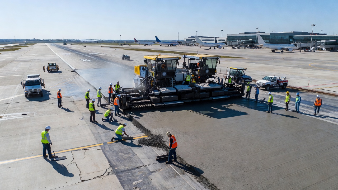 Construction d'une chaussée de piste d'aéroport en béton avec une machine de coffrage glissant
