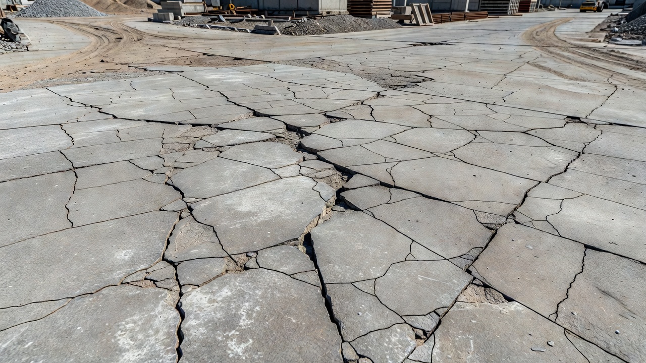 Chaussée en béton présentant des fissures en carte et une détérioration dues à l'attaque sulfatique