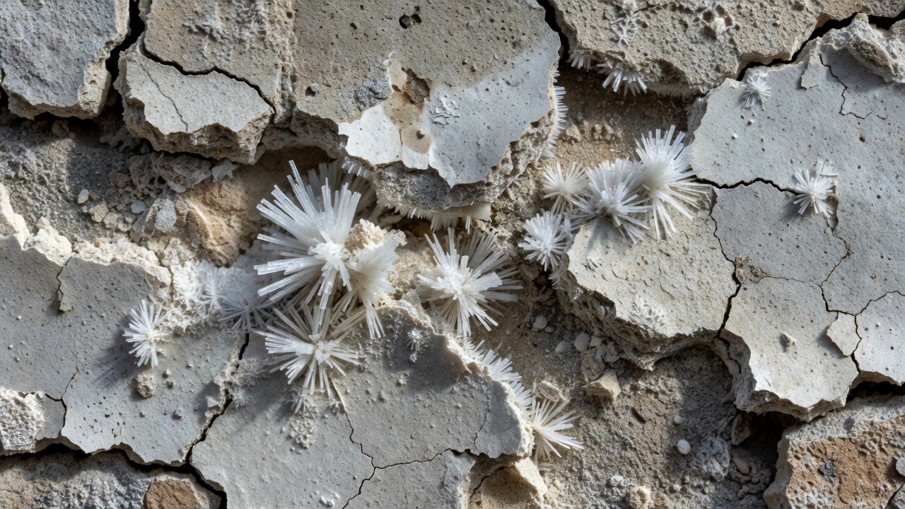 Gros plan d'un béton détérioré avec des dépôts cristallins blancs d'ettringite et écaillage dus à l'attaque sulfatique