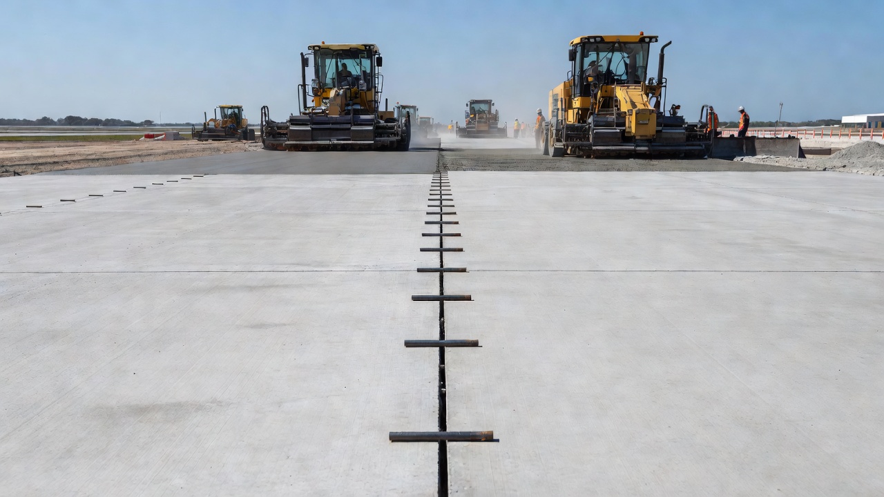 Chaussée de piste d'aéroport en béton montrant le joint de construction longitudinal entre les dalles PCC