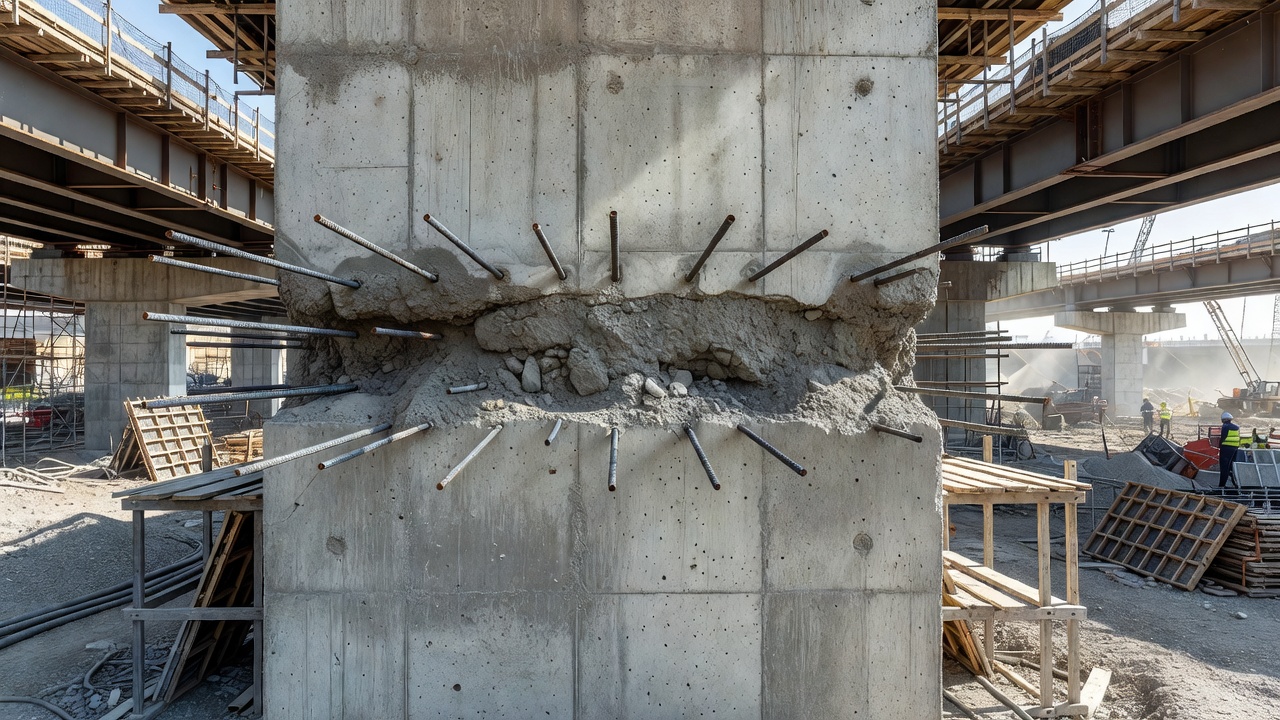 Interface de joint de construction dans un mur de pile de pont en béton montrant la ligne de joint horizontale entre des coulées de béton successives avec armatures en attente