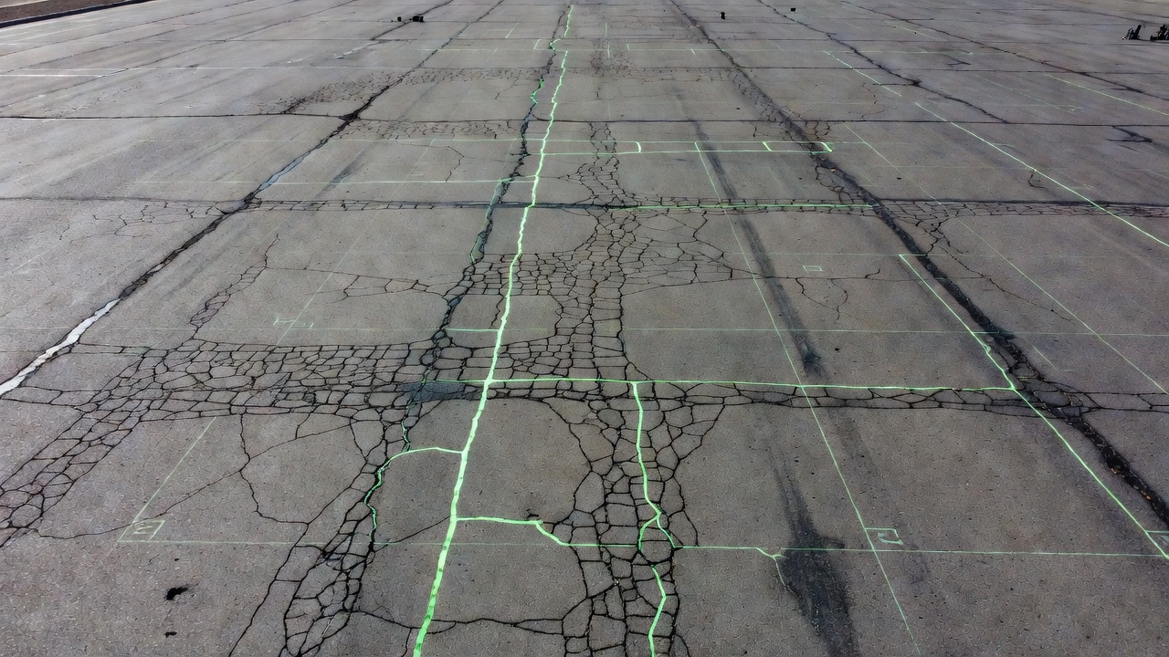 Vue aérienne par drone d'une surface de chaussée en asphalte avec motifs de fissures et superposition d'inspection numérique montrant un relevé de l'état de la chaussée