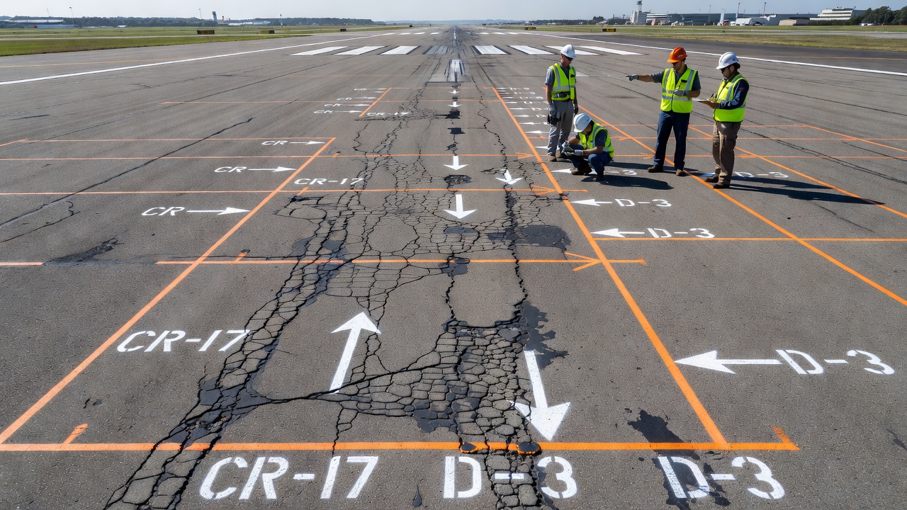 Surface de chaussée en asphalte de piste d'aéroport présentant des motifs de dégradations et de fissures avec inspection visuelle pour l'entretien des infrastructures aéronautiques