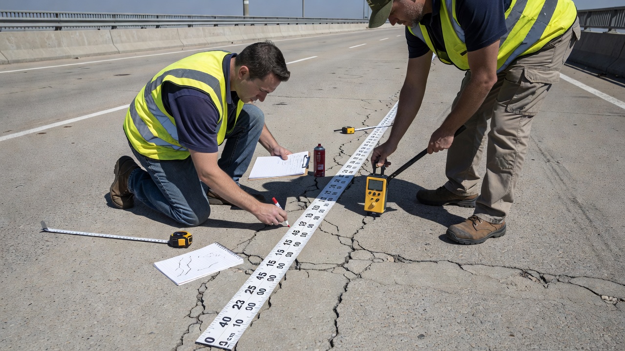 Surface de tablier de pont en béton avec motifs de fissures visibles inspectée par des ingénieurs avec des outils de mesure et des équipements d'évaluation