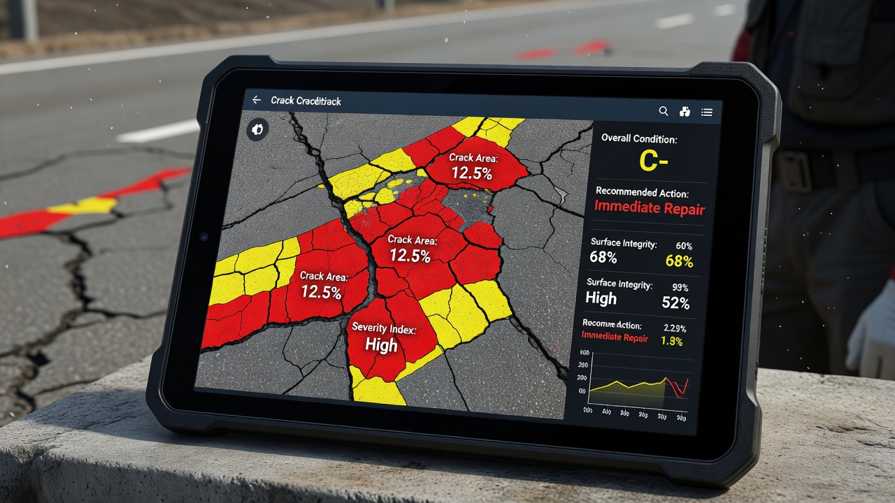 Interface de tablette d'inspection numérique montrant une analyse de fissures de chaussée avec cartographie de sévérité des conditions codée par couleur et tableau de bord de mesure