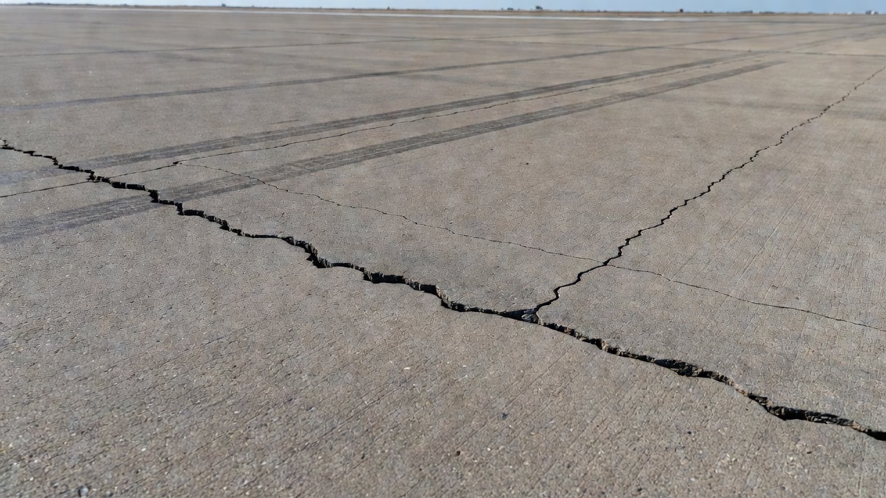 Surface de piste aéroportuaire en béton fissurée montrant différentes sévérités de fissures avec des fissures larges et étroites visibles