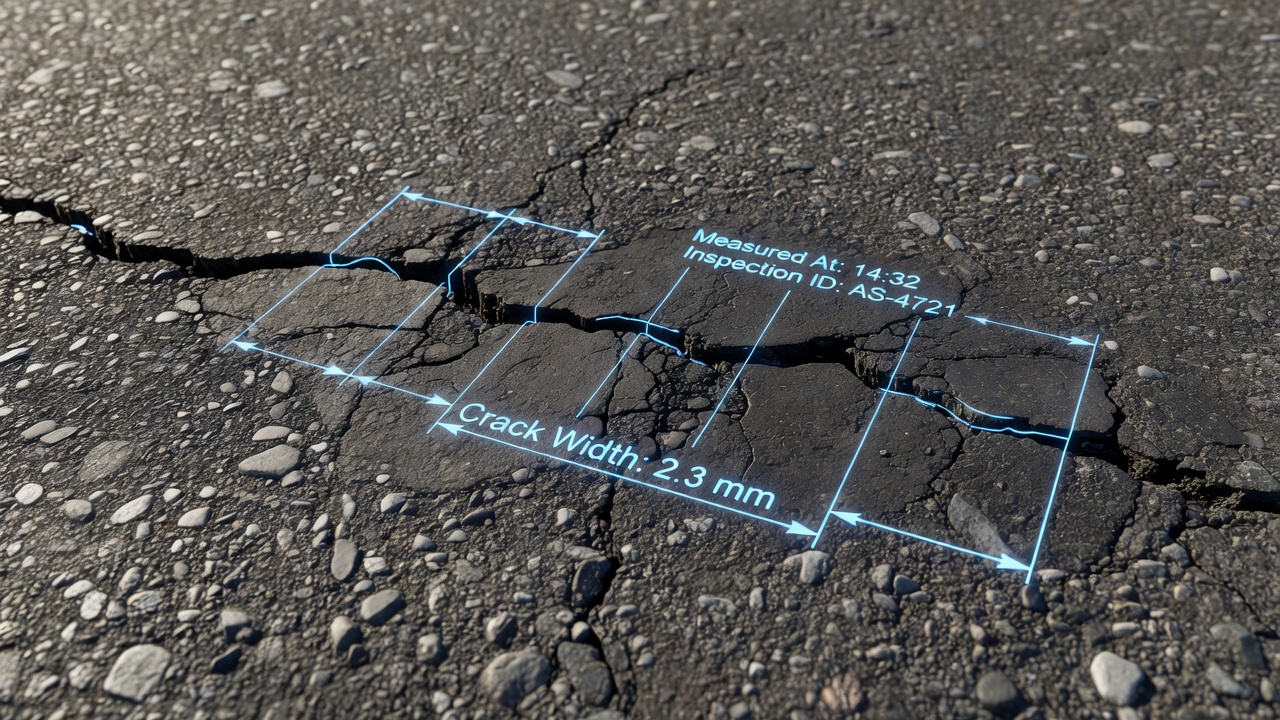 Visualisation de la mesure automatisée de la largeur des fissures sur chaussée bitumineuse montrant la superposition numérique de la détection des fissures et de la mesure de largeur