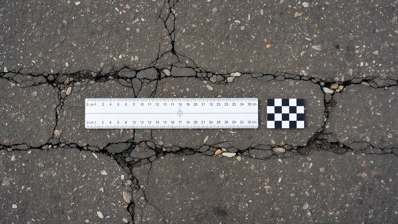 Configuration d'inspection de chaussée avec règle de calibrage placée sur une surface bitumineuse fissurée pour la conversion pixel-métrique